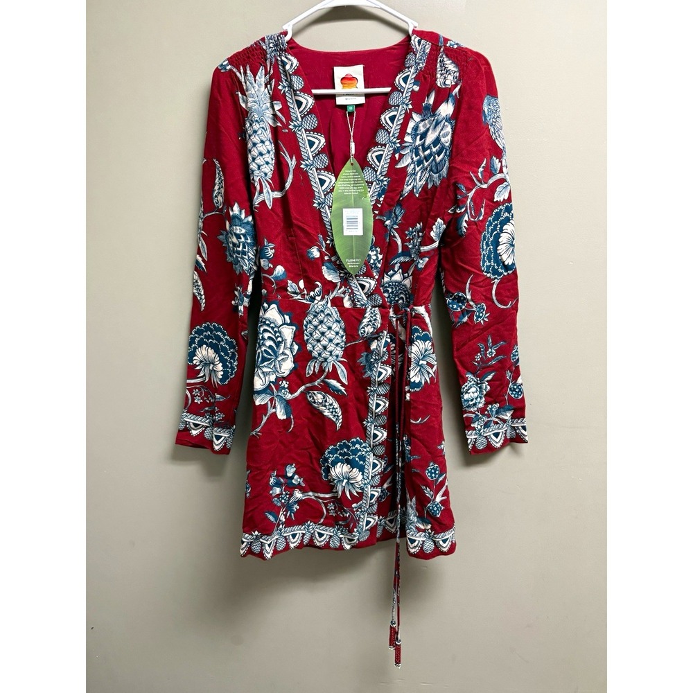 Farm Rio Tropical Landing Red Floral V-Neck Wrap Mini Dress Long Sleeve XS NWT